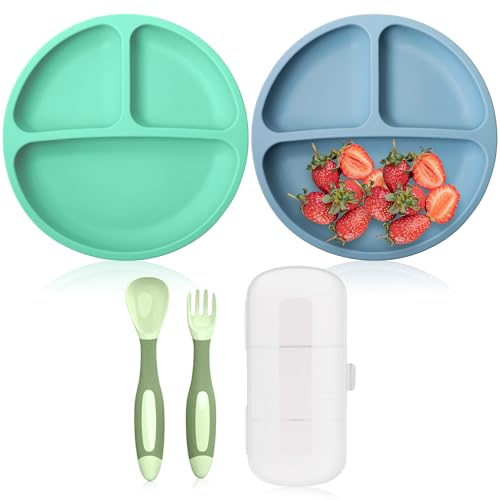 Conjunto de 2 Talheres e Prato com Suporte Azul e Verde Bluet B - Jogos de jantar - aço inoxidável, antiaderente, fácil de limpar, ventosas