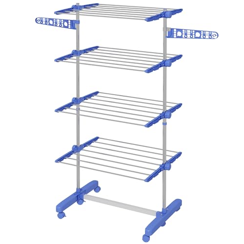 Estendal HOMCOM com 6 Rodas e 4 Níveis (Azul - 160x65x180 cm) HOMCOM - Secadores e cabides - 6 rodas, 4 níveis, ajustável, plegável