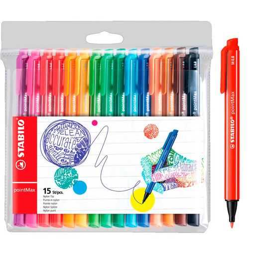 Caneta Fineliner STABILO Pointmax (Multicor - 15 Un) Stabilo - Canetas - tinta à base de água, traço fino, lavável, ponta de nylon