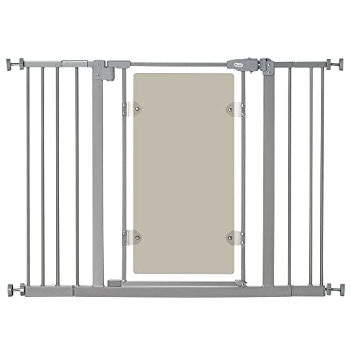 Barreira de segurança para cães PawHut | Cinzento SPANISH AOSOM - Portões para bebês e animais de estimação - porta com chave, aço, parafusos ajustáveis, extensões