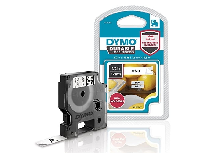 Fita para Etiquetadora DYMO 12mm D1 Durable Black on White Tape DYMO - Fitas de etiquetas e recargas - 12 mm, preto sobre branco, vinil, resistente ao calor