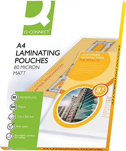 Pack 100 Capas para Plastificar Q-CONNECT KF24057 Vow Europe plc - Filme de laminação, pochetes e folhas - espessura 0,08mm, transparente, opaca, 100 unidades