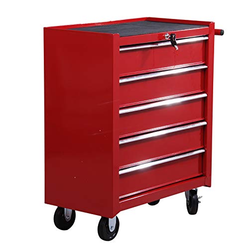 Carrinho de Ferramentas HOMCOM | 67,5 x 33 x 77 cm - Vermelho HOMCOM - Conjuntos de móveis - 5 compartimentos, aço resistente, rodas macias, chaves incluídas