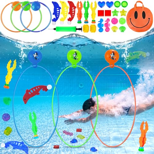 Conjunto de brinquedos subaquáticos ZHHGOO (5 anos) ZHHGOO - Brinquedos de piscina - conjunto, brinquedos, subaquáticos, 3 anéis, 8 pedras, delfins