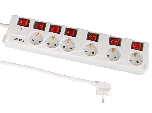 Extensão Elétrica FEINTECH MD000652 (6 Tomadas - Tipo F - Branco) FeinTech - Fios e cabos elétricos - 6 tomas, proteção SPD, interruptores iluminados, 2 portos USB
