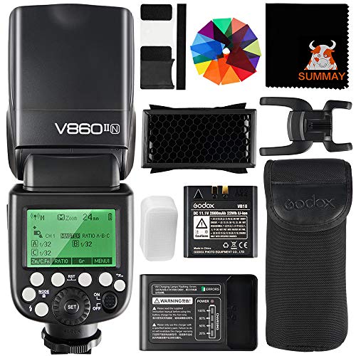 Flash GODOX V860II-N (NG: 60 - Controlo: TTL) GODOX - Flashes de câmera - flash, câmera digital, mão, nikon, bateria ião-lítio