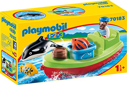 Playmobil 70183 Conjunto de bonecos temáticos PLAYMOBIL - Brinquedos - barca flutuante, marinheiro, arma, tubarão, baleia, peixe