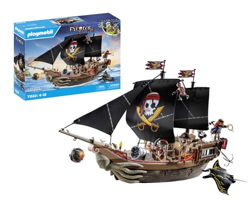 Playmobil Pirates - Barco Pirata Grande (Idade Mínima Recomendada: 4 anos) PLAYMOBIL - Conjuntos de brinquedos - piratas, barco grande, acessórios, canhões