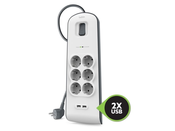 Belkin BSV604VF2M estabilizador de corrente 6 tomada(s) CA 650 J Preto, Branco Belkin - Filtros de linha e supressores de surtos - 6 tomadas, preto e branco, interruptor ligar/desligar, tipo f