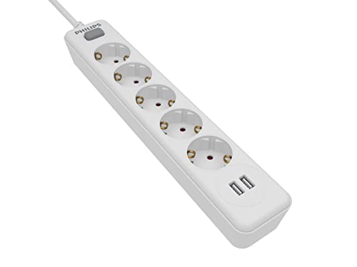 Extensão Elétrica PHILIPS Spn3052Wb/10 (5 Tomadas - Tipo F - Branco) Philips - Fios e cabos elétricos - 5 tomas, 2 portas USB, 3 metros, interruptor principal