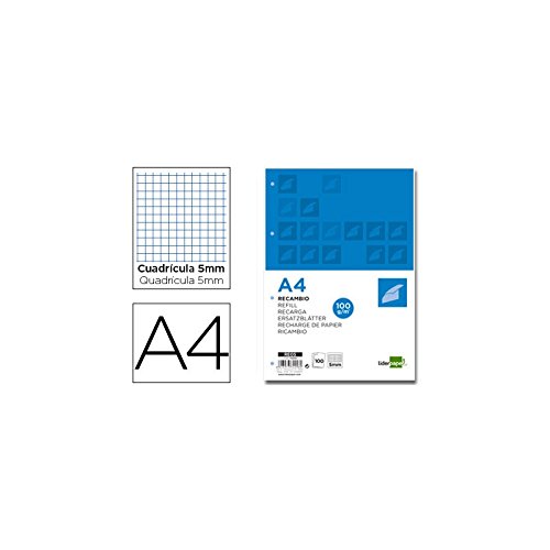 Pack 100 Folhas de Recarga para Encadernação LEDERPAPEL Liderpapel - Papel para fichários - 100 folhas, recarga, lederpaper, a4, quadro 5mm