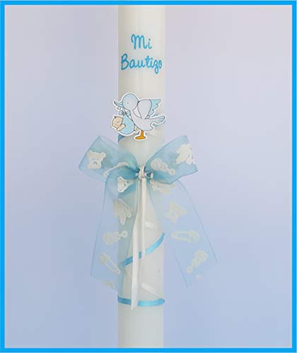 Velacho de Batismo Cigarra e Fita Azul 40X3Cm PLAS GRAFIC - Velas - cera branca, 40x3cm, personalizável, caixa pvc