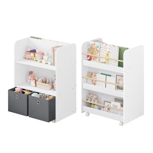 Woltu Mobile Bookshelf 2 in 1 Branco (Livros e revistas) WOLTU - Prateleiras industriais - livros, revistas, 2 compartimentos, gavetas dobráveis