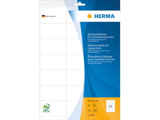 Herma Address labels for typewriters A4 (70x42mm) 20 sheets HERMA - Etiquetas e tags - preto, branco, a4, 70x42mm