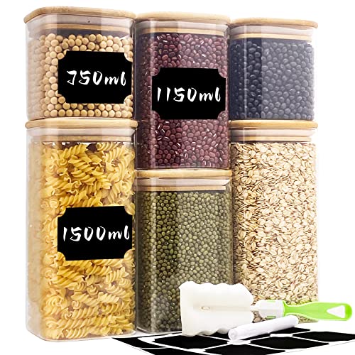 Conjunto de 6 Recipientes de Vidro com Tampa Bambu WITOSSENT Withosent - Recipientes de armazenamento de alimentos - 6 recipientes, vidro, bambu, tampa madeira