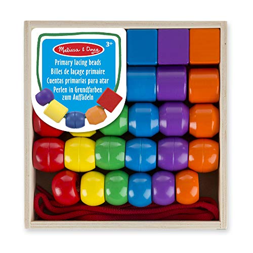 Jogo de Tabuleiro MELISSA & DOUG Primary Lacing Beads (3 Anos) Melissa and dong - Brinquedos - 100 peças, madeira colorida, cubos, contas