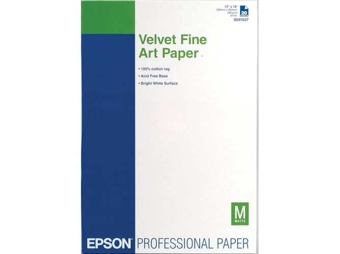 Papel de Impressão EPSON Fine Art Paper Velvet DIN A3+ 20 Folhas Epson - Papel de impressora e copiadora - fine art, velvet, a3, 20 folhas, 260g/m²