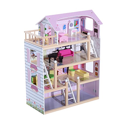 Casinha para Bonecas HOMCOM | 60x30x80 cm - Rosa e Branco HOMCOM - Casa de bonecas - 60x30x80 cm, rosa e branco