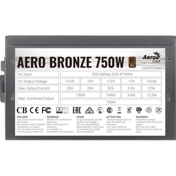 Fonte de Alimentação AEROCOOL Aero-750 (ATX - 750 W - 80 PLUS Gold) Aerocool - Transformadores de voltagem e reguladores - aero-750, ATX, 750 W, 80 Plus Gold