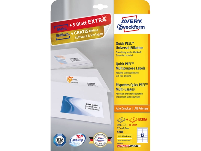 Etiquetas Autocolantes Avery 4781 | Branco Avery - Papel de impressora e copiadora - autocolantes, impressão laser, resistentes