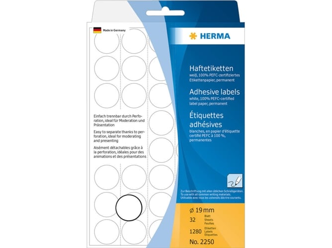 Herma Multi-purpose labels ø 19mm (Classificação e Arquivo) HERMA - Papel de impressora e copiadora - branco, plástico, 1280, rotuladores permanentes, 19mm