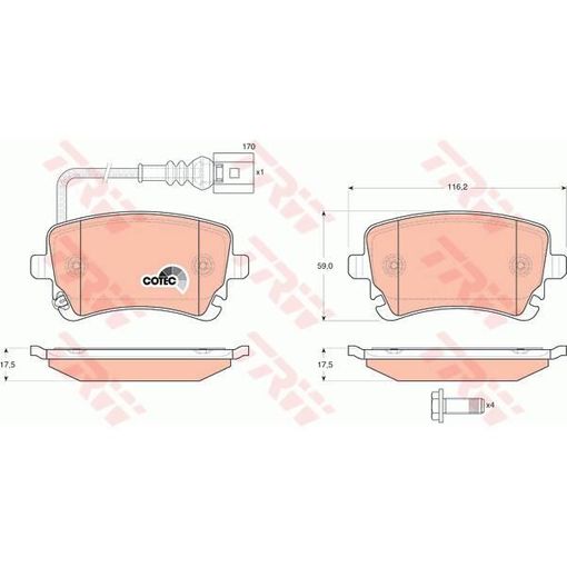 Pastilha de travão TRW AUTOMOTIVE GDB1557 TRW - Sistema de freios de veículos motorizados - lamborghini, murcielago, pastilhas de travão, 4 peças