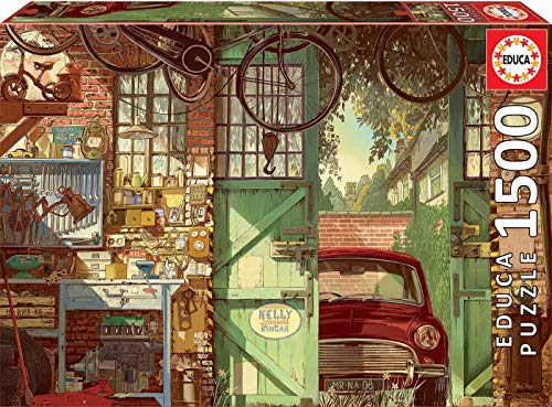 Puzzle 2D JUMBO Old Garage (Idade Mínima Recomendada: 12 anos - 1500 peças) EDUCA - Quebra-cabeças de encaixar - fixação por bordas, estrutura metálica, 1500 peças, antigo armazém