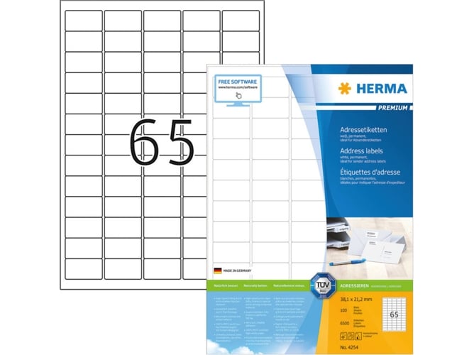 Herma Adhesive labels white A4 Movables 38,1x21,2 SuperPrint 6500 pcs. HERMA - Etiquetas de endereço - etiquetas brancas, a4, 6500 unidades, 38,1x21,2 cm