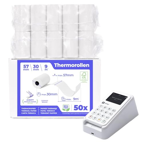 Rolo de papel térmico SWIPARO 57x30x12 mm SWIPARO - Rolo de papel para recibos e máquinas de adição - etiquetas, recibos, impressoras, 50 metros