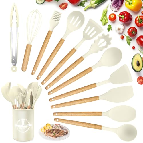 Conjunto de 12 Utensílios de Cozinha em Silicone com Punho de Madeira - Leite Kawaology - Conjuntos de utensílios de cozinha - silicone, madeira, 12 utensílios, colher longa, colher profunda
