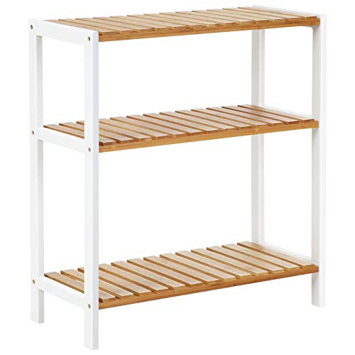 SANDOXY Estante de armazenamento de bambu, sapateira para plantas 3 níveis, multiuso, entrada, banheiro, sala de estar, balcão, cozinha, natural e branco BCB33WN SONGMICS - Móveis de exterior - bambu, sapateira, multiuso, natural