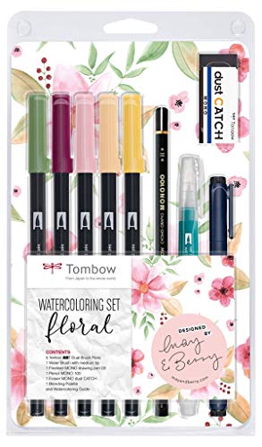Conjunto de Canetas de Tinta Permanente TOMBOW Floral Tombow - Kits de desenho e pintura - tinta permanente, 5 cores, pincel misturador, caneta mono