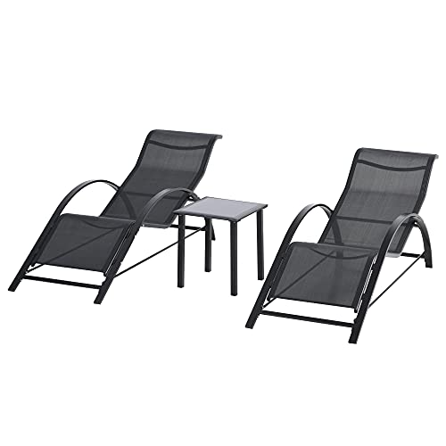 Conjunto de 2 Espreguiçadeiras Outsunny com Mesa de Jardim | 59 x 169 x 66 cm - Preto Outsunny - Conjuntos de móveis de exterior - espreguiçadeira, mesa, jardim, preto