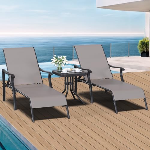 Conjunto de 3 Espreguiçadeiras YITAHOME com Mesa Auxiliar | Cinzento YITAHOME - Conjuntos de móveis de exterior - 3 espreguiçadeiras, mesa auxiliar, apoio para os pés, almofada