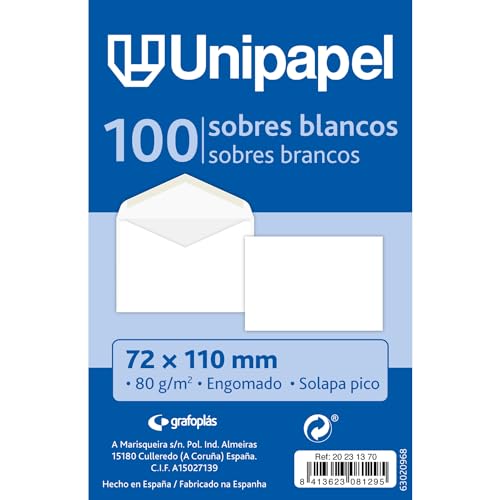 Pack 100 Envelopes UNIPAPEL com Abertura (Branco - 72x110 mm) Grafoplas del Noroeste,S.A. - Envelopes - 100 envelopes, abertura, 72x110 mm