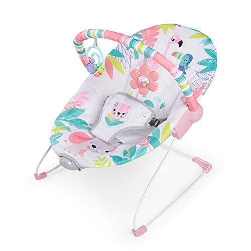 Baloiço BRIGHT STARTS Flamingo (Rosa - 43x44x57 cm) BRIGHT STARTS - Móveis para bebês e crianças pequenas - confortável, encosto acolchoado, barra de atividades, 2 brinquedos