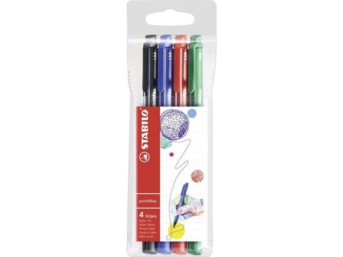 Caixa de Canetas Fineliner STABILO Pointmax (Multicor - 4 Unidades) Stabilo - Canetas - multicor, 4 unidades, tinta à base de água, ponta de nylon