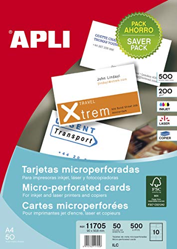 Caixa para cartões de visita APLI 10x A4 - 90 x 50,8 mm - 50 folhas - branco APLI - Cartões de visita - 500 folhas, dimaenso A4, microperforada, branco