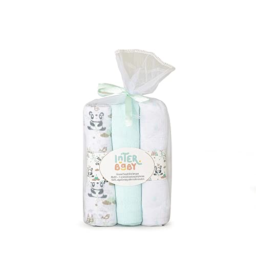 Interbaby Pack 3 Gasas para bebé Panda verde Interbaby - Móveis para bebês e crianças pequenas - 3 gásas, absorção humidade, respiráveis, suaves