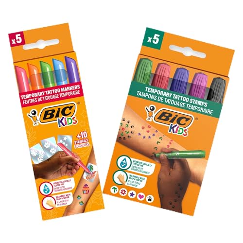 Conjunto BIC Kids de tatuagens temporais (Idade Mínima Recomendada: 3 anos) BIC - Instrumentos de escrita e desenho - tatuagens, temporárias, crianças, 5 tinteiros, 10 autocolantes