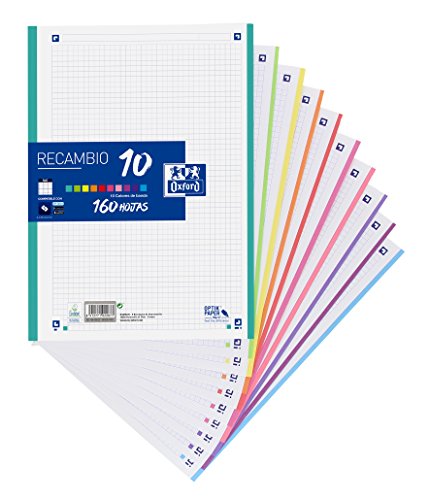 Oxford 10 Recambio Formato A4 Cuadriculado 5X5Mm 4 Taladros - 160 Hojas Sueltas - Banda De 10 Colores Oxford - Papel para fichários - 160 folhas, 10 cores, formato A4, talhe