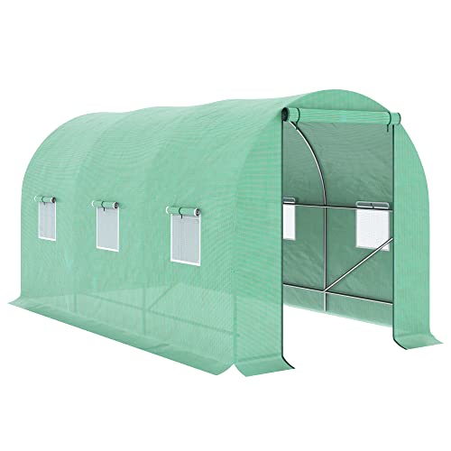 Estufa de Jardim com Portas Enroláveis e 6 Janelas Cobertura de PE 140 g/m² | 400 x 200 x 200 cm - Verde Outsunny - Estufas - portas enroláveis, 6 janelas, cobertura PE 140 g/m², 400 x 200 x 200 cm
