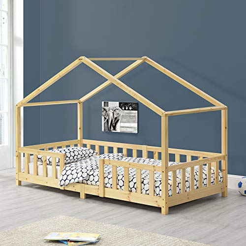Casa de Madeira para Crianças com Barra de Proteção 90X200 cm [en.casa] - Conjuntos de móveis - madeira, barra de proteção, 90x200 cm