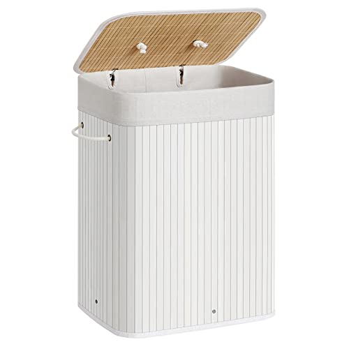 Cesto de Roupa Suja com Tampo 72L Madeira e Bambu Branco SONGMICS - Aparelhos de lavanderia - 72L, madeira, bambu, branco
