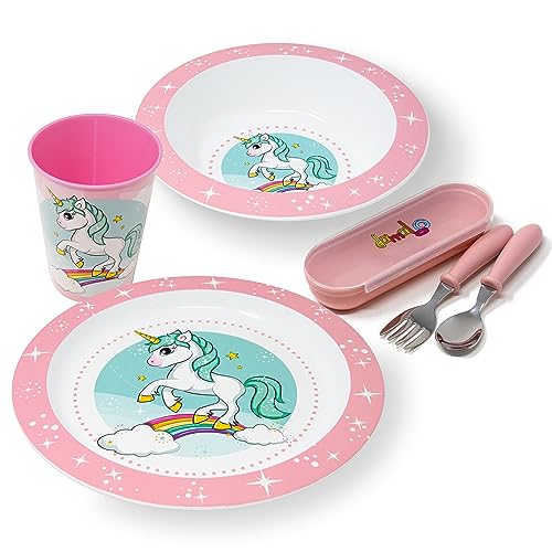 Conjunto de Refeição Dama Loo Unicornio (Idade Mínima Recomendada: 3 anos) damaloo - Jogos de talheres - prato, copo, chaleira, garfo, estojo