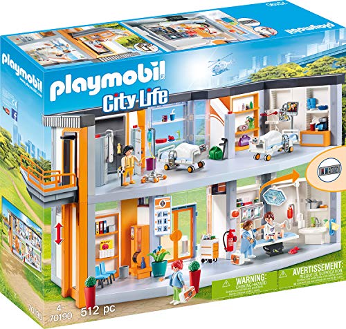 Playmobil City Life 70190 Large Hospital (Idade Mínima Recomendada: 4 anos) PLAYMOBIL - Conjuntos de brinquedos - quatro andares, sala de espera, sala de operações, câmara com cama elétrica