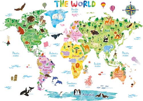 Painel de Parede DECOWALL Mapa do Mundo Animais (140 x 106 cm) DECOWALL - Papel de parede - mapa do mundo, animais, fácil montagem, embalado em água