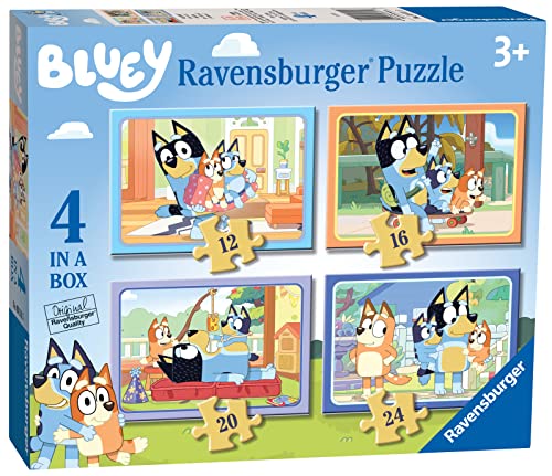Puzzle RAVENSBURGER Bluey Puzzle 4 in 1 (Idade Mínima Recomendada: 3 anos) Ravensburger - Quebra-cabeças de encaixar - puzzle, 4 em 1, imagens, peças autocolantes