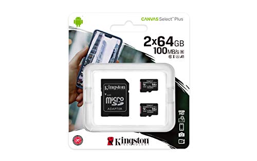 Pack 2 Cartões de Memória KINGSTON 64GB MicroSD Canvas Select Plus 100R A1 C10 + Adaptador Kingston - Cartões de memória flash - 64 gb, MicroSDXC, Class 10, 100 MB/s