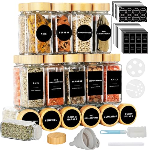 Lannvan 24Pcs Botes Especias Cristal Quadrado com Tapa de Madeira 120Ml Frascos Especiarias Lannvan - Recipientes de armazenamento de alimentos - 24 peças, botes especiarias, cristal quadrado, tapa madeira, frascos especiarias